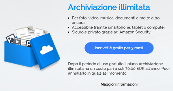 Amazon, Archiviazione Illimitata anche in Italia