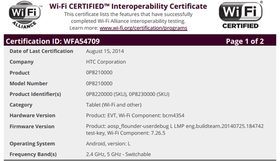 HTC Flounder, certificazione Wi-Fi