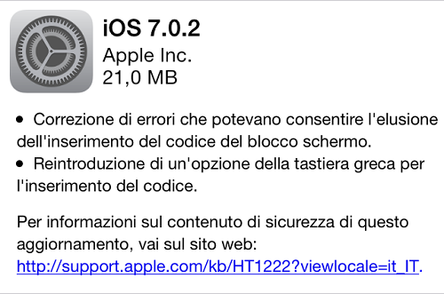 iOS 7.0.2 aggiornamento