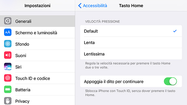 Disattivare o Attivare codice blocco schermo e sensore delle impronte digitali (Touch ID)