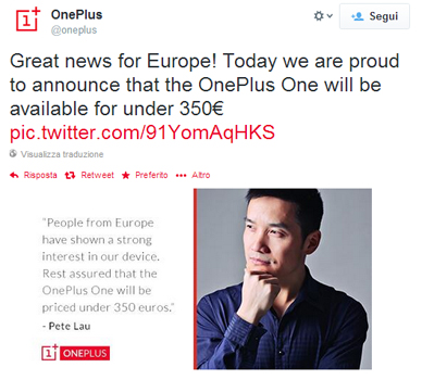Pete Lau, Twitter, OnePlus One prezzo