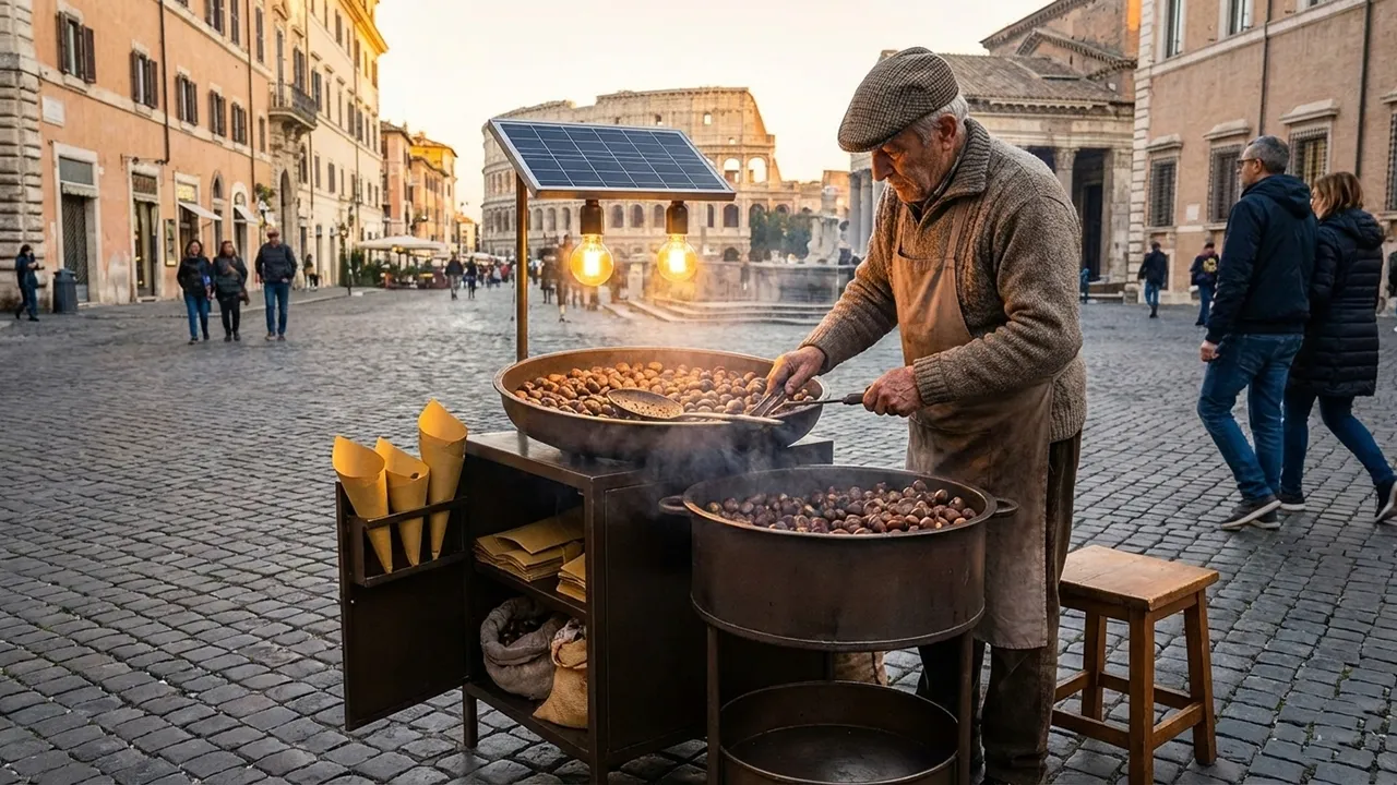 Green Deal anche per i caldarrostai: a Roma nuove regole con banco fotovoltaico