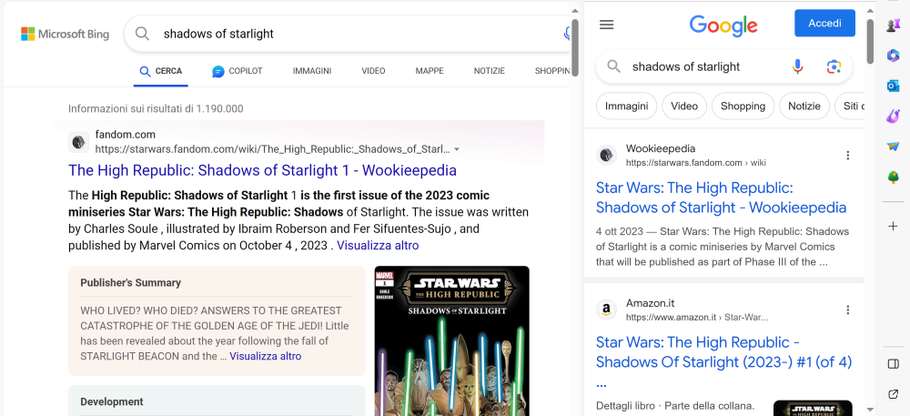 Bing e Google in Microsoft Edge