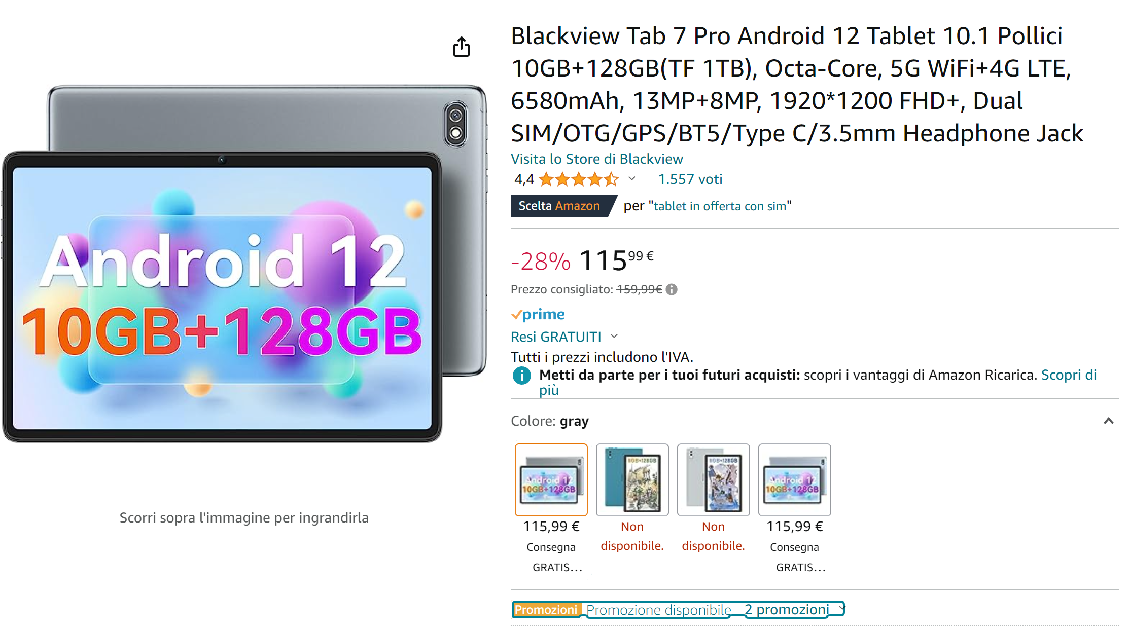 Tablet in offerta Blackview Tab 12 Tablet PC 4G LTE+ 5G WIFI 4GB+