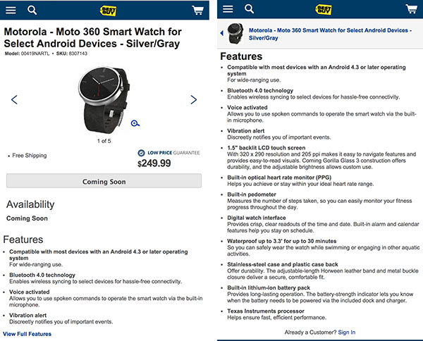 Motorola Moto 360, pagina Best Buy