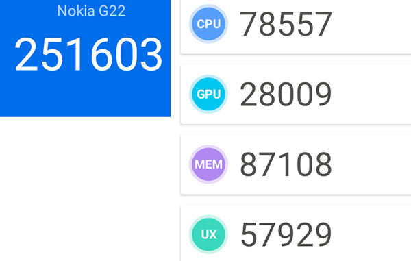 Nokia G22: lo smartphone riparabile a casa da soli benchmark antutu 251.603 punteggio
