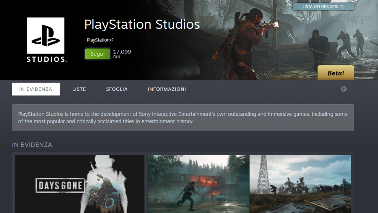 La pagina PlayStation Studios su Steam