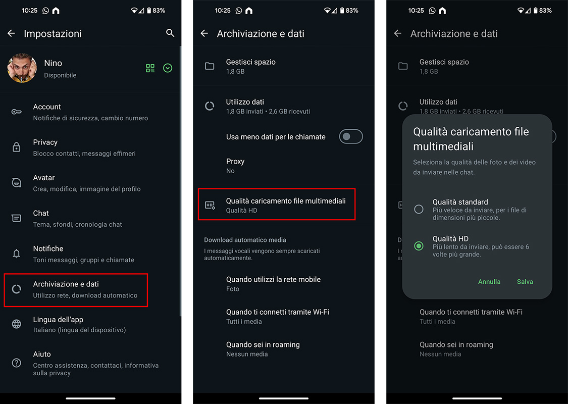 Come abilitare l'invio di foto e video HD di default su WhatsApp