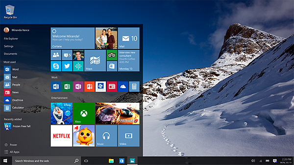Windows 10, menu Start